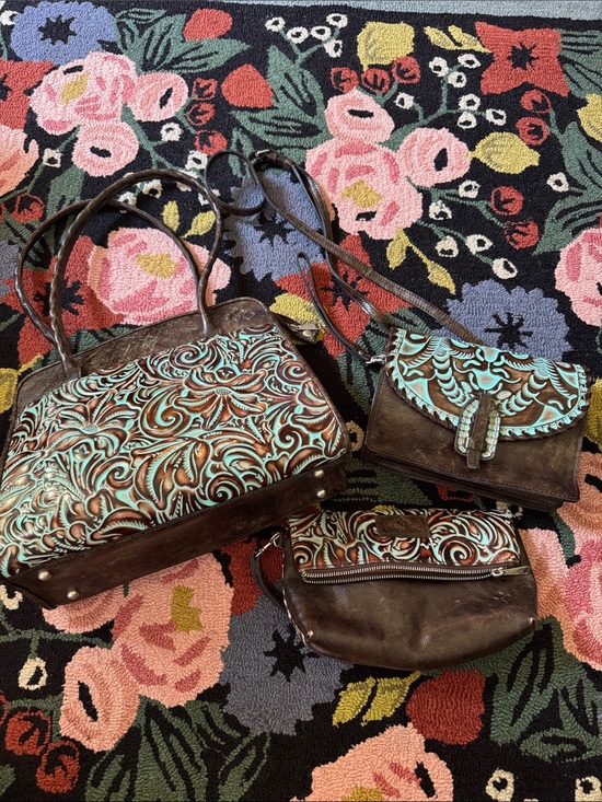 Patricia Nash Handbags - Set of three Patricia Nash Tooled Turquoise Brown Floral Leather Bags